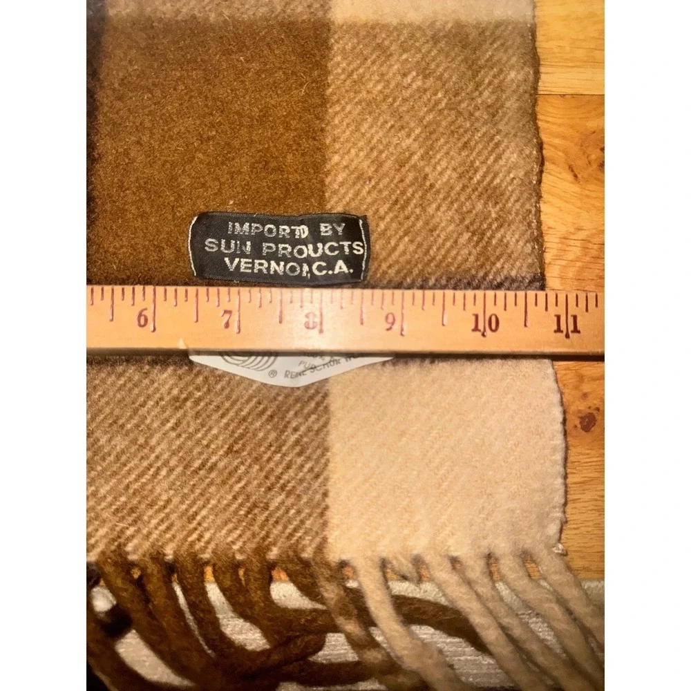 Vintage Pure Wool Plaid Throw Blanket Brown Tan Fringed Uruguay 54